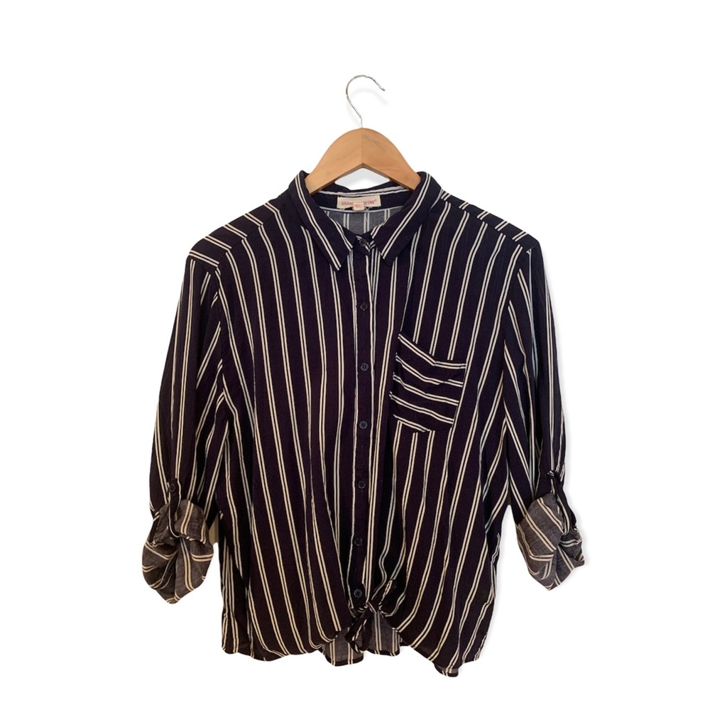 Grand & Greene Navy dark blue white stripped button up tie blouse top